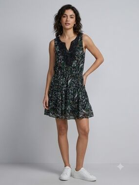 Sleeveless Floral Notch-Neck Mini Dress in Dark Green